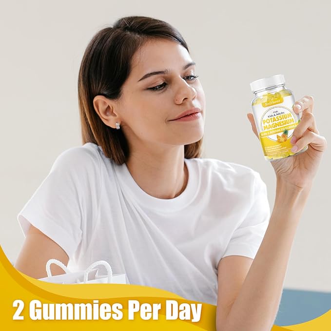 softbear Potassium Gummies for Adults, Sugar-Free Potassium Magnesium Supplement with Vitamin B6 CoQ10 for Muscle Cramps Vegan Pineapple Flavor 120 Gummies