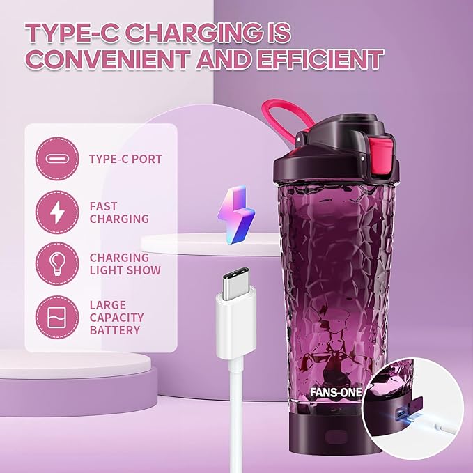 Electric Protein Shaker Bottle, Lockable Electric Blender Cup, 24oz Tritan USB Rechargeable Mixer, Portable Blender Shaker Cups for Protein Shakes for Women Men, Purple