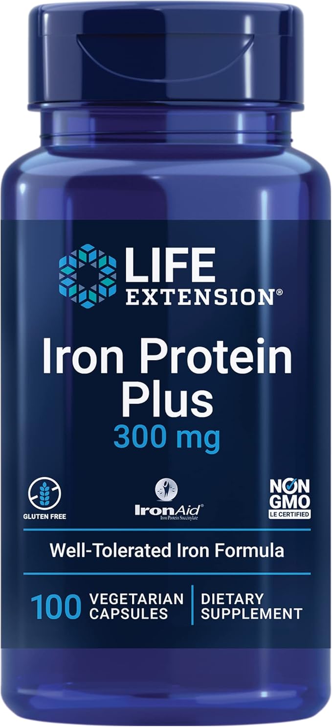 Life Extension Iron Protein Plus, Iron Protein succinylate, absorbable Iron Supplement for Whole-Body Health, Non-GMO, Gluten-Free, Vegetarian, 100 Capsules