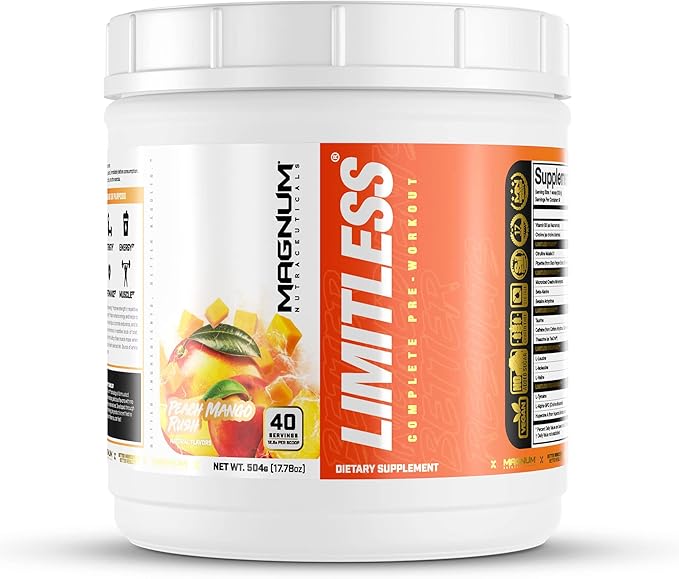 LIMITLESS Magnum 504g - Muscle Workout Powder, Sport Pre Workout for Men and Women, May Assist & Support Increase Energy, Focus, and Endurance - Peach Mango Rush