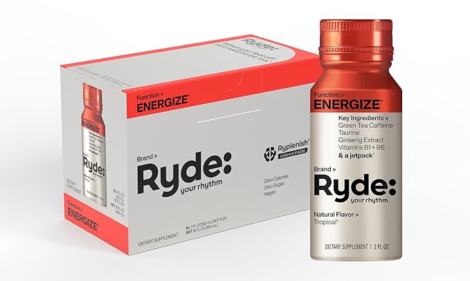 Ryde: Energize Shot | Tropical Flavor | Green Tea Caffeine, Taurine, Ginseng Extract & B Vitamins | 0 Calories, 0 Sugar | 2 FL OZ Shots | Boosts energy* (8 Pack)