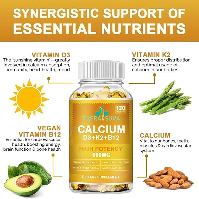 Extra Strength 4-in-1 Calcium 600mg + Vitamin D3 5000iu + K2 + B12 Natural Supplement Complex for Bone and Immune Health, 120 Softgels, 60 Day Supply