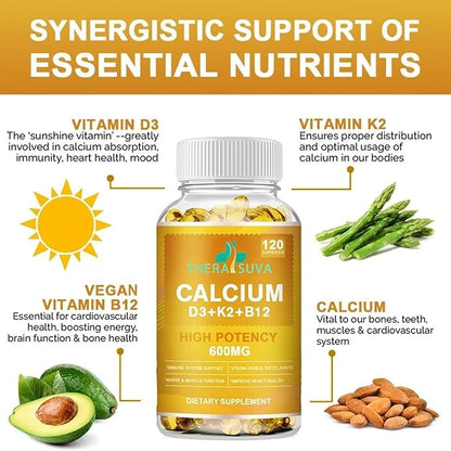 Extra Strength 4-in-1 Calcium 600mg + Vitamin D3 5000iu + K2 + B12 Natural Supplement Complex for Bone and Immune Health, 120 Softgels, 60 Day Supply