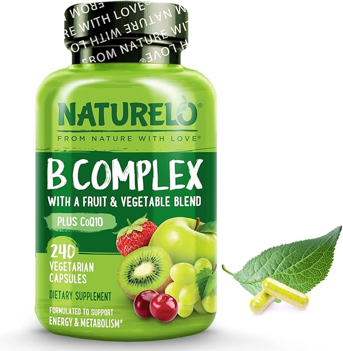 NATURELO B Complex - Whole Food Complex with Vitamin B6, Folate, B12, Biotin - Supplement for Energy and Stress - High Potency - Vegan - Vegetarian - Non GMO - Gluten Free - 240 Capsules