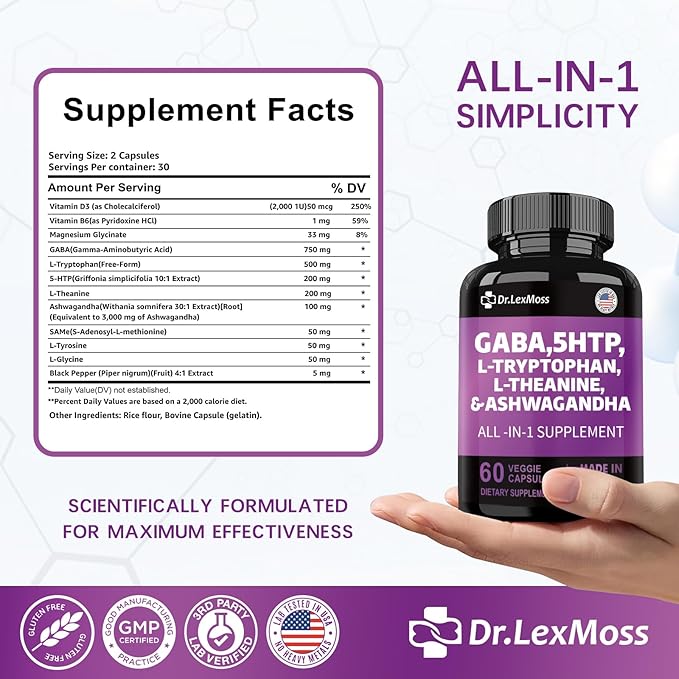 GABA 750mg 5 HTP 200mg L Tryptophan 500mg L Theanine 200mg Ashwagandha 3000mg SAM-e L-Glycine Mood Support Vitamins for Women and Men with L-Tyrosine Made in USA 60 Count