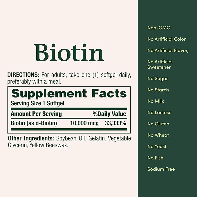Nature's Bounty Biotin, Supports Healthy Hair, Skin and Nails, 10,000 mcg, Rapid Release Softgels, 120 Ct