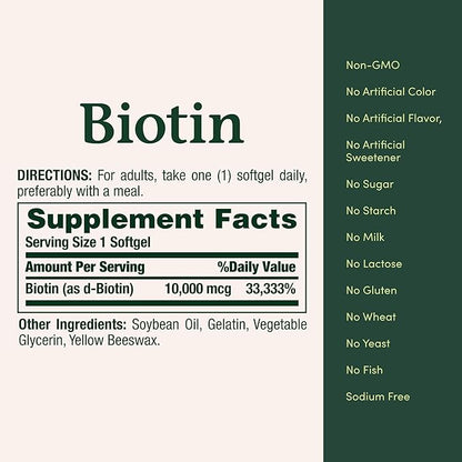 Nature's Bounty Biotin, Supports Healthy Hair, Skin and Nails, 10,000 mcg, Rapid Release Softgels, 120 Ct