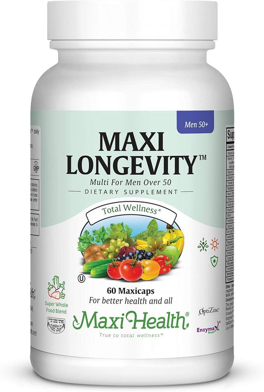 Maxi Health Longevity - Multivitamins & Minerals Supplement for Men Over 50-60 Capsules - Kosher (LM)