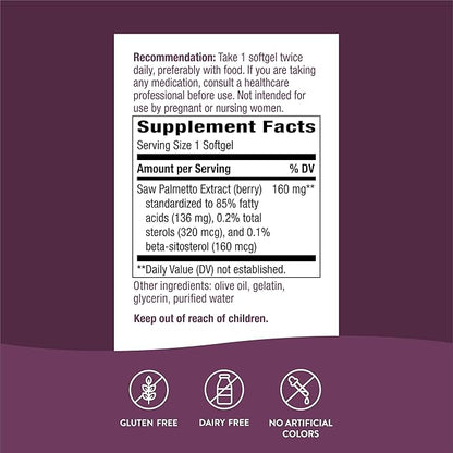 Nature's Way Premium Extract Saw Palmetto - 160 mg Saw Palmetto extract per Serving – Supports Prostate Health* - Prostate Health for Men* - Gluten Free - 60 Softgels