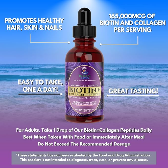 Maximum Strength 165,000mcg Liquid Biotin & Collagen Drops – Vitamins for Hair Growth for Women & Men – Supports Healthy Hair, Radiant Skin & Strong Nails – 98% Absorption, Non-GMO, 60 Servings