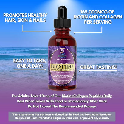 Maximum Strength 165,000mcg Liquid Biotin & Collagen Drops – Vitamins for Hair Growth for Women & Men – Supports Healthy Hair, Radiant Skin & Strong Nails – 98% Absorption, Non-GMO, 60 Servings