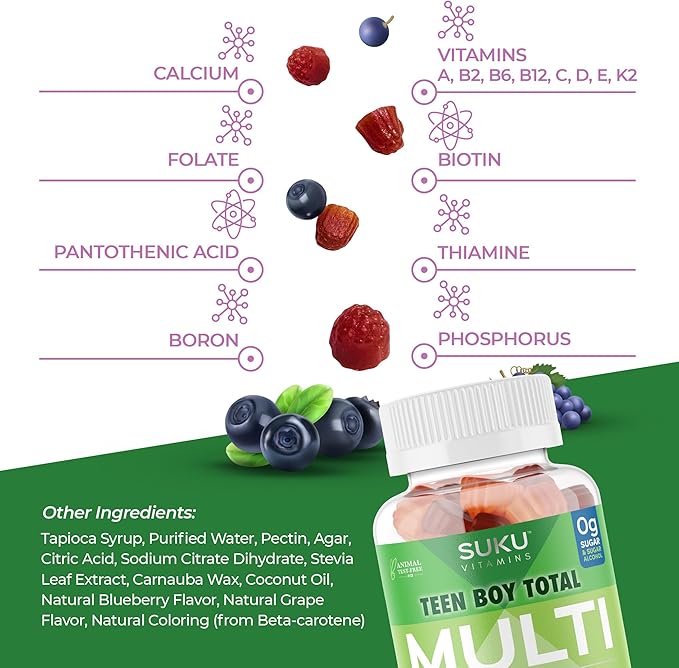Teen Boy Multivitamin – Sugar Free Vegetarian Gummy Supplement for Teen Boys 19 Essential Nutrients Strengthens Bones Muscles Enhances Energy Health – Blueberry Grape Flavor (60 Count)