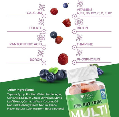 Teen Boy Multivitamin – Sugar Free Vegetarian Gummy Supplement for Teen Boys 19 Essential Nutrients Strengthens Bones Muscles Enhances Energy Health – Blueberry Grape Flavor (60 Count)