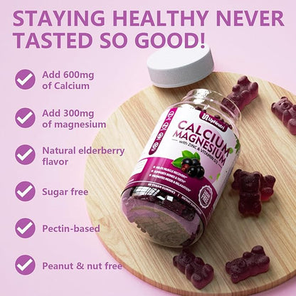 Calcium Magnesium Zinc with Vitamin D3 Supplement, Sugar Free Calcium Gummies for Women Men, High Absorption Zinc Gummies for Bone & Muscle & Immune Health, Vegan Elderberry Flavor - 120 Count