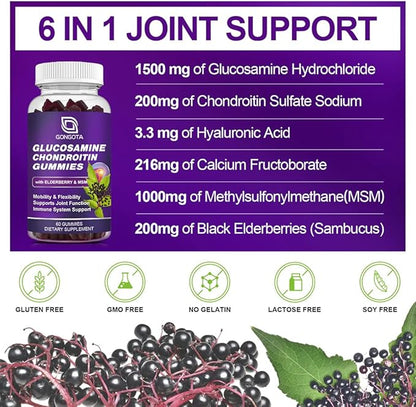 Glucosamine Chondroitin Gummies - 2- Pack, Extra Strength 1500mg Glucosamine with MSM & Elderberry, Joint Support Supplement, Best Cartilage & Immune Support Supplement for Men and Women - 120 count