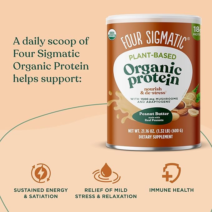 Four Sigmatic Organic Plant-Based Protein Powder Peanut Butter Protein with Lion’s Mane, Chaga, Cordyceps and More | Clean Vegan Protein Elevated for Brain Function and Immune Support | 21.16 oz