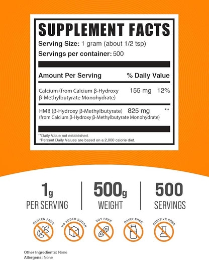 BulkSupplements.com HMB Powder - as Calcium HMB, Beta-Hydroxy Beta-Methylbutyrate - HMB Powder Supplements, Gluten Free - 1000mg per Serving, 500g (1.1 lbs) (Pack of 1)