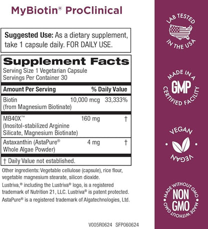 Purity Products MyBiotin ProClinical – Thicker Hair Starting in 3 Weeks & Fights Wrinkles - MB40X Patented Biotin Matrix w/Astaxanthin - 40X More Soluble vs Ordinary Biotin 90 Count