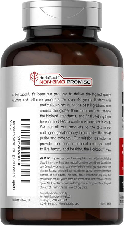 Horbäach Nitric Oxide Max 3600mg | 120 Caplets | with Arginine AAKG for Men and Women | Vegetarian, Non-GMO, & Gluten Free Pre Workout Supplement