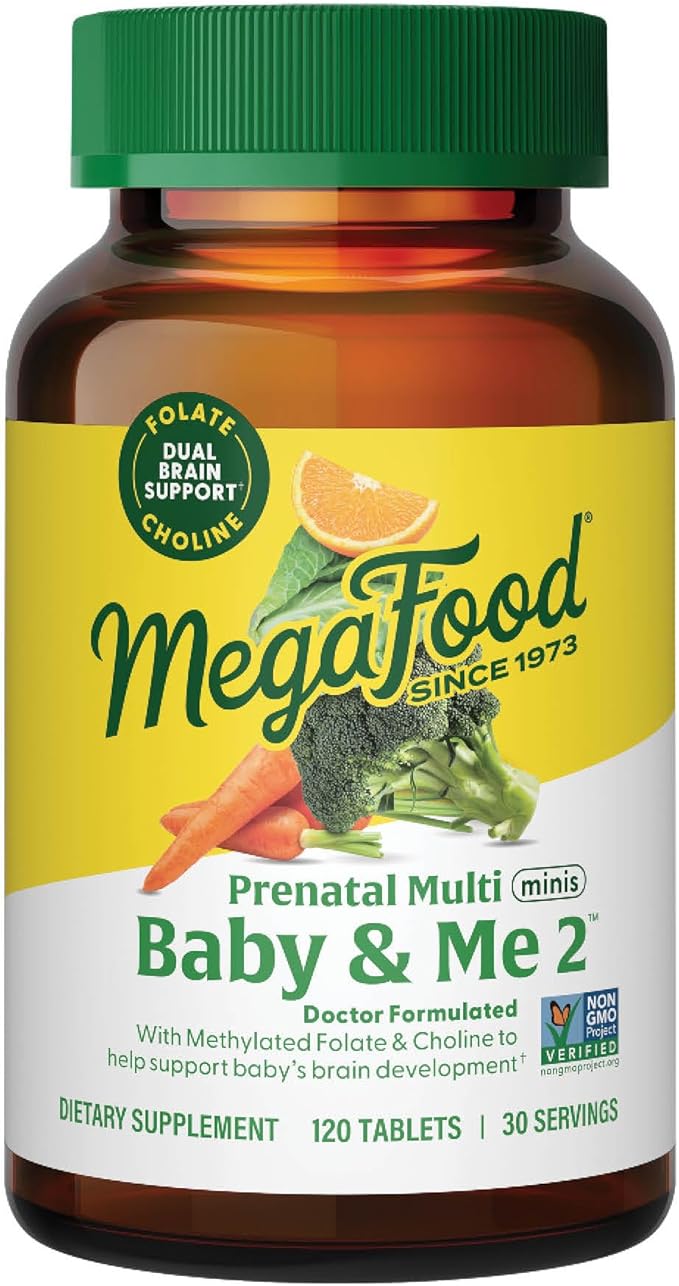 MegaFood Baby & Me 2 Prenatal Vitamin & Minerals - Vitamins for Women - with Folate (Folic Acid Natural Form), Choline, Iron, Iodine, Vitamin C, Vitamin D and More - 120 Mini Tabs (30 Servings)