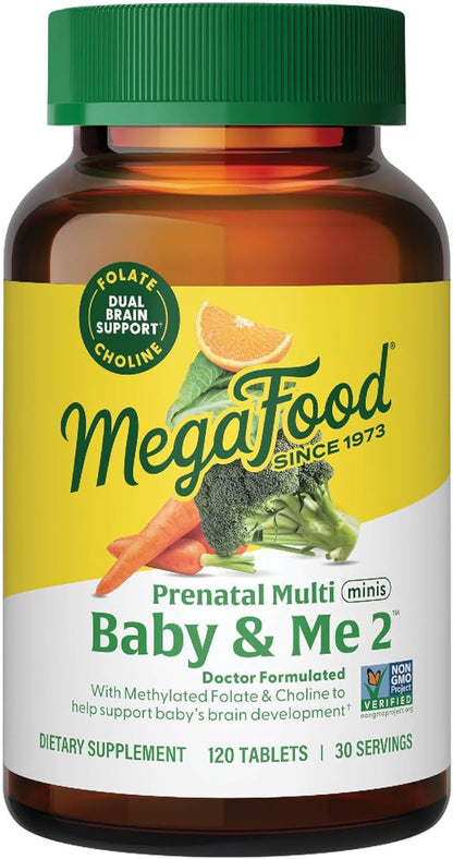 MegaFood Baby & Me 2 Prenatal Vitamin & Minerals - Vitamins for Women - with Folate (Folic Acid Natural Form), Choline, Iron, Iodine, Vitamin C, Vitamin D and More - 120 Mini Tabs (30 Servings)