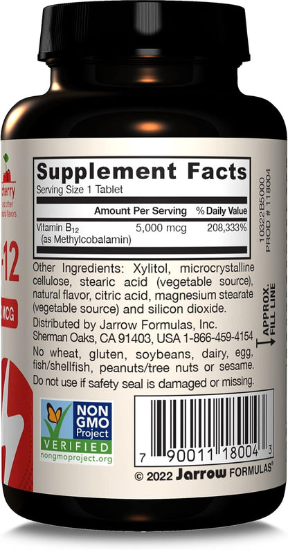 Jarrow Formulas Maximum Strength Methyl B-12 5000 mcg, Dietary Supplement for Cellular Energy Production and Brain Health Support, 60 Cherry-Flavored Chewable Tablets, 60 Day Supply