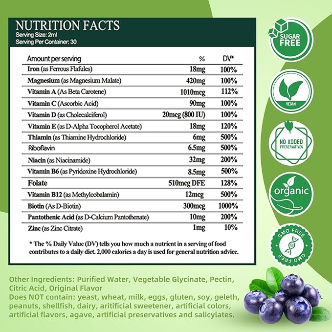 Liquid Iron Supplement for Women Men & Kids, Vegan Iron Drops with Vitamin C D, B12, B-Complex, High Potency Liquid Iron with Multivitamin for Anemia, Energy Support, Blood, Magnesium Iron Gentle