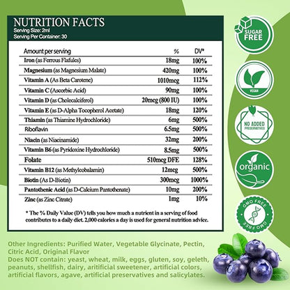 Liquid Iron Supplement for Women Men & Kids, Vegan Iron Drops with Vitamin C D, B12, B-Complex, High Potency Liquid Iron with Multivitamin for Anemia, Energy Support, Blood, Magnesium Iron Gentle