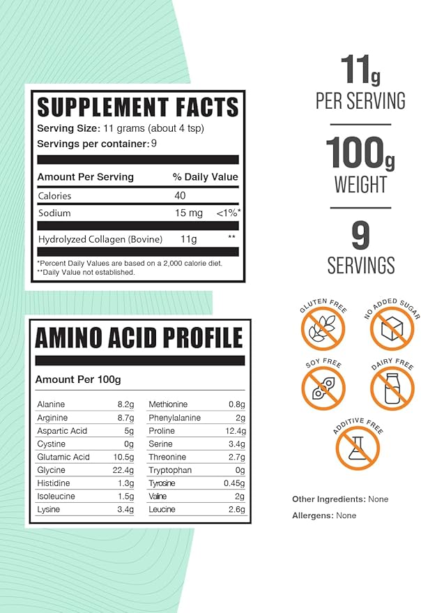 BulkSupplements.com Collagen Peptides Powder - Collagen Supplement, Bovine Collagen Powder - Powdered Collagen, Hydrolyzed & Gluten Free, 11g per Serving, 100g (3.5 oz) (Pack of 1)