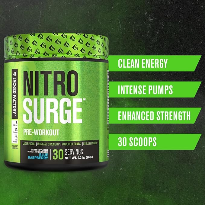 Jacked Factory NITROSURGE Pre Workout Supplement - Endless Energy, Instant Strength Gains, Clear Focus, Intense Pump - NO Booster & Preworkout Powder with Beta Alanine - 30 Servings, Sour Peach Rings