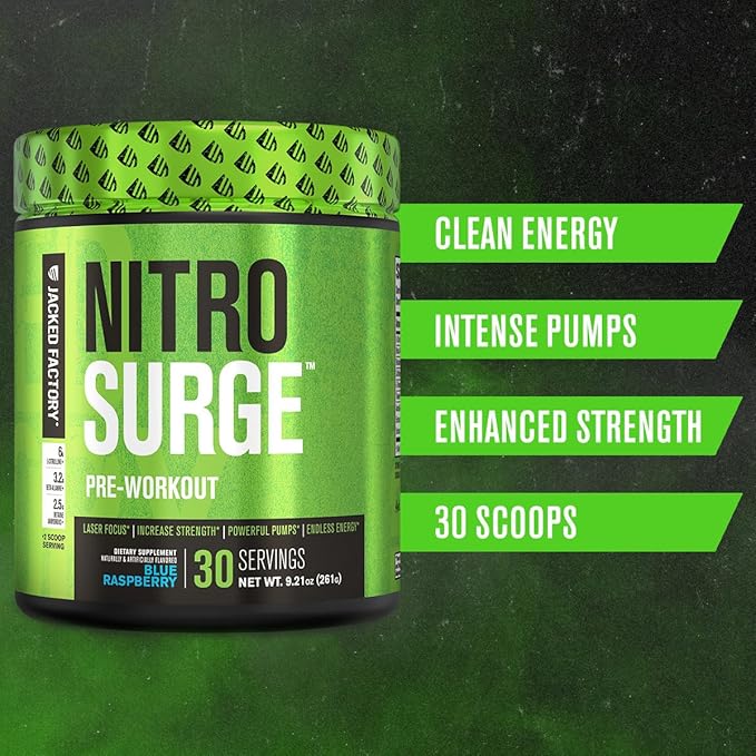 Jacked Factory NITROSURGE Pre Workout Supplement - Endless Energy, Instant Strength Gains, Clear Focus and Intense Pumps - NO Booster & Powerful Preworkout Energy Powder - 30 Servings, Watermelon