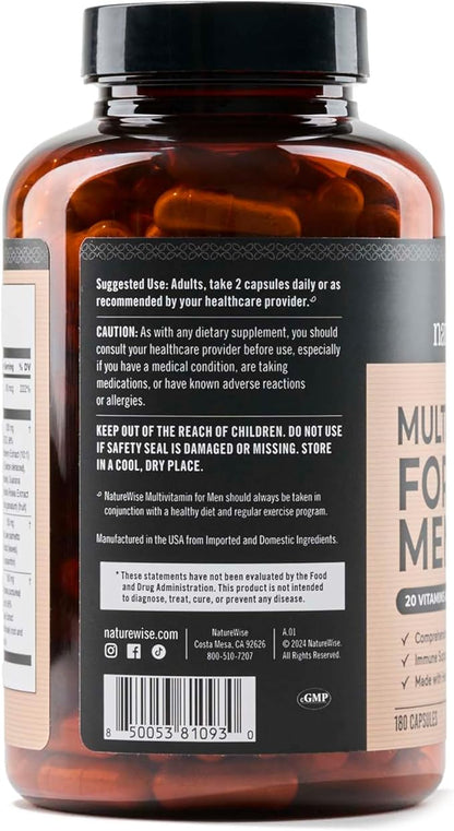 NatureWise Multivitamin for Men - Daily Male Support - Minerals & Herbs for Energy, Performance, Immunity - with Vitamin A, C, D, B-Complex - Soy & Gluten-Free, Non-GMO - 180 Capsules[3-Month Supply]