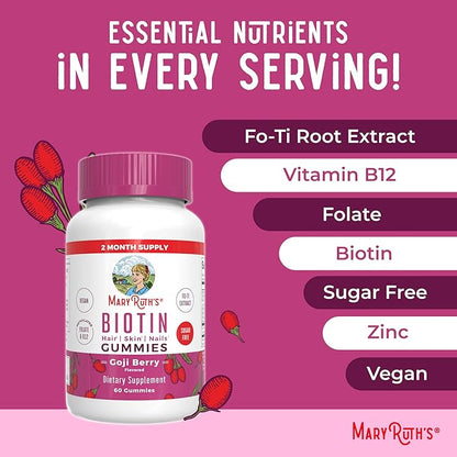 MaryRuth Organics Biotin Gummies | Sugar Free | Vegan | Non-GMO | 2,500 mcg Biotin Supplement | Hair Skin and Nails Vitamins | Hair Growth Vitamins | Hair Growth Supplement | 60 Count