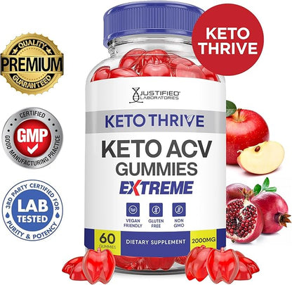 (3 Pack) Keto Thrive Keto ACV Gummies Extreme 2000MG Keto Thrive Keto Gummies Apple Cider Vinegar Formulated with Pomegranate Beet Juice Powder B12 Vegan Non GMO 180 Gummys