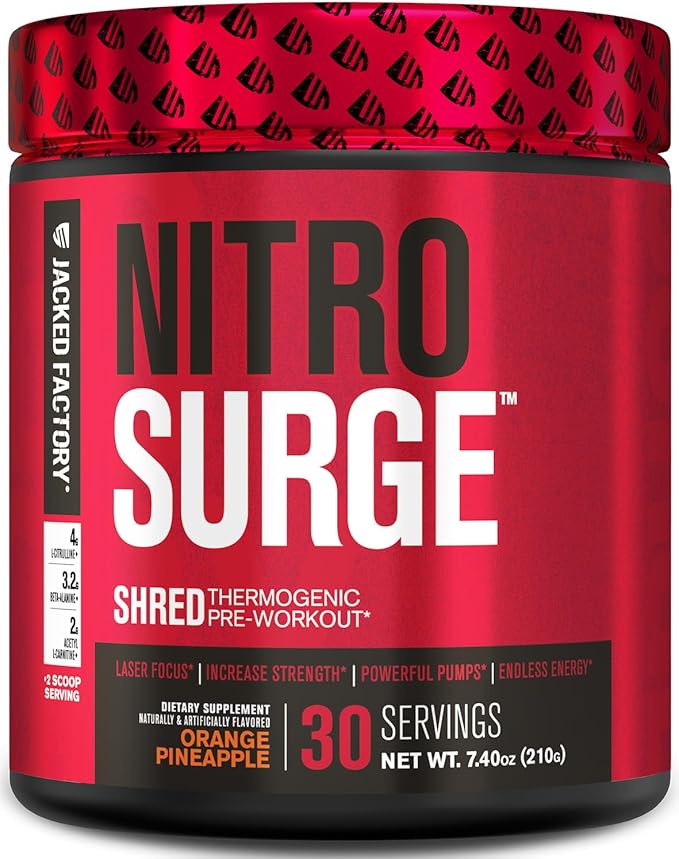 Jacked Factory NITROSURGE Shred Pre Workout Supplement - Energy Booster, Instant Strength Gains, Sharp Focus, Powerful Pumps - Nitric Oxide Booster & PreWorkout Powder - 30Sv, Orange Pineapple