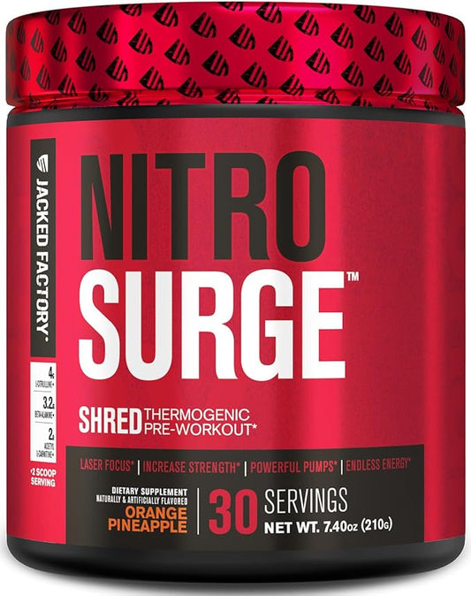 Jacked Factory NITROSURGE Shred Pre Workout Supplement - Energy Booster, Instant Strength Gains, Sharp Focus, Powerful Pumps - Nitric Oxide Booster & PreWorkout Powder - 30Sv, Orange Pineapple