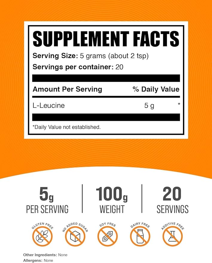 BulkSupplements.com L-Leucine Powder - Leucine Supplements, Leucine Amino Acid - BCAA Supplements, Leucine Powder - Unflavored, 5000mg per Serving, 100g (3.5 oz) (Pack of 1)