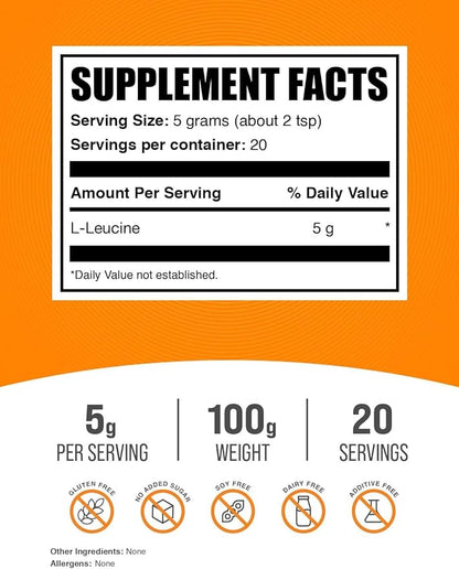 BulkSupplements.com L-Leucine Powder - Leucine Supplements, Leucine Amino Acid - BCAA Supplements, Leucine Powder - Unflavored, 5000mg per Serving, 100g (3.5 oz) (Pack of 1)