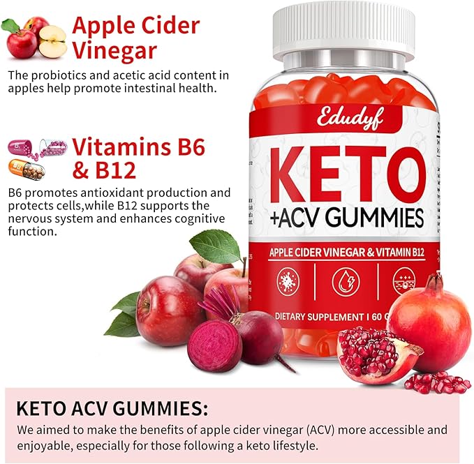 EDUDYF Keto ACV Gummies - 60 Count Gluten-Free, Gelatin-Free Apple Cider Vinegar Gummies with B12 for Keto Support, Vegetarian, Unique Flavor, Convenient Bottled Supplement for Men & Women