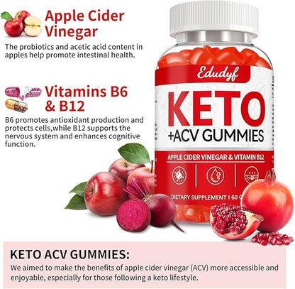 EDUDYF Keto ACV Gummies - 60 Count Gluten-Free, Gelatin-Free Apple Cider Vinegar Gummies with B12 for Keto Support, Vegetarian, Unique Flavor, Convenient Bottled Supplement for Men & Women