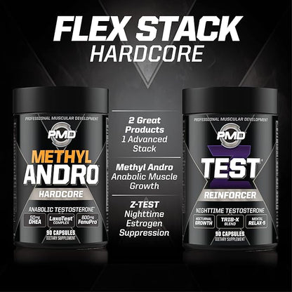 PMD Sports Flex Stack Hardcore 24-Hour Healthy Stack for Increased Muscle Mass, Strength, Reduce Soreness, Libido and Restful Sleep - Methyl Andro Hardcore 90 Capsules, Z-Test 90 Capsules