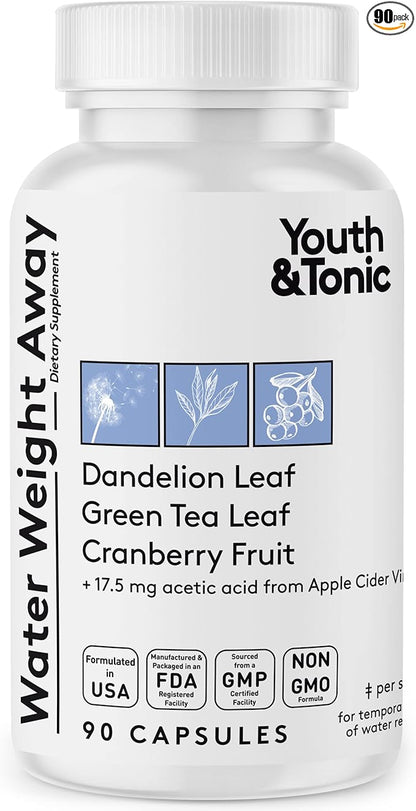Youth & Tonic Natural Water Pills (90 Count) for Swelling Belly Bloating & Water Retention - Herbal Diuretic Supplement for Women & Men