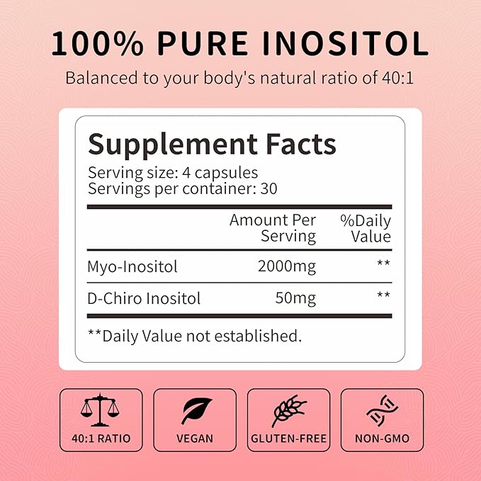 Inositol Supplement - Myo-Inositol & D-Chiro Inositol 40:1 Ratio for Hormonal Balance, Ovarian Function & Cycle Support, Vitamin B8, 120 Vegan Capsules, 30-Day Supply