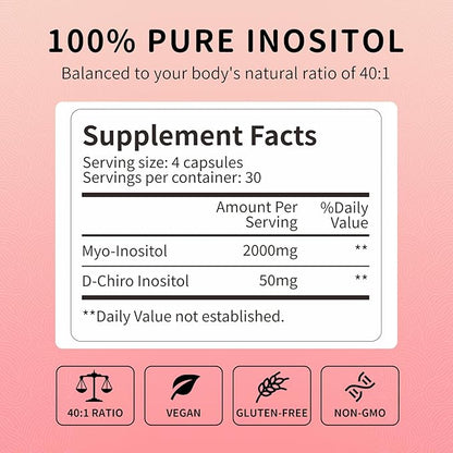 Inositol Supplement - Myo-Inositol & D-Chiro Inositol 40:1 Ratio for Hormonal Balance, Ovarian Function & Cycle Support, Vitamin B8, 120 Vegan Capsules, 30-Day Supply