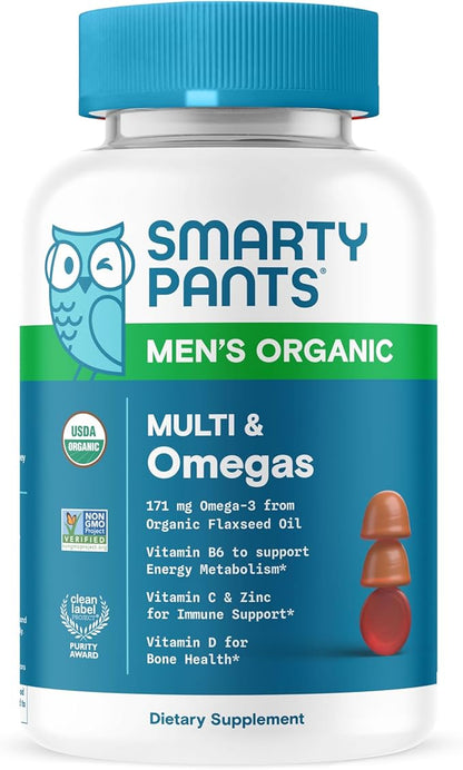 SmartyPants Multivitamin for Men, Organic Gummies: Methylfolate, Omega 3 (ALA), Vitamin D3, C, Vitamin B12, B6, Vitamin A, K & Zinc for Immune Support, Vegetarian, 120 Gummies (30 Day Supply)