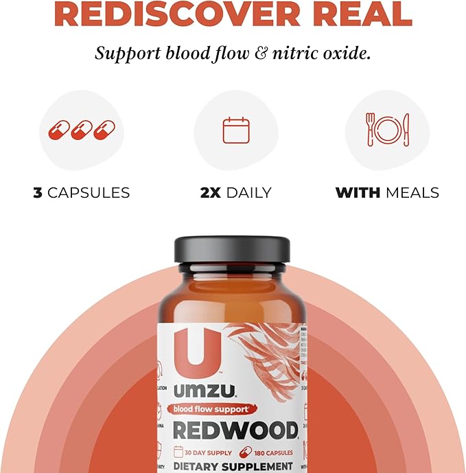 UMZU Redwood Blood Flow Nitric Oxide Supplement for Men & Women, Blood Pressure, Circulation, Stamina, Energy (30 Day Supply | 180 Capsules)