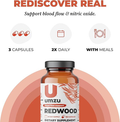 UMZU Redwood Blood Flow Nitric Oxide Supplement for Men & Women, Blood Pressure, Circulation, Stamina, Energy (30 Day Supply | 180 Capsules)