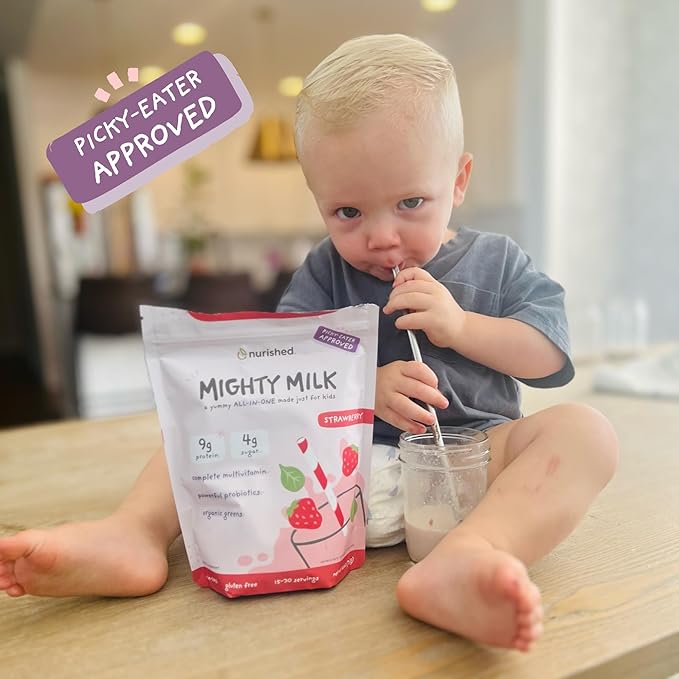 Mighty Strawberry Milk - Kids All-in-One Daily Protein Powder & Multivitamin Boosted with 2 Billion Probiotics & Organic Spinach - Natural Flavors, Colors & Sweeteners - 15-30 Servings