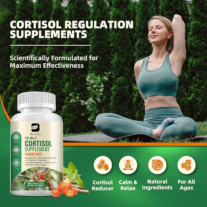 Cortisol Supplement, 10-in-1 Cortisol Reducer Manager Supplements for Women with Ashwagandha, Magnesium Glycinate, L-Theanine, Rhodiola, Calm Zzz & Mood Support, Non-GMO, 60 Vegan Capsules