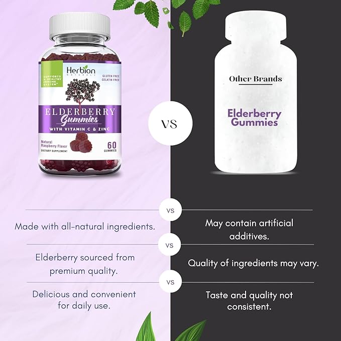 Herbion Elderberry Gummies with Vitamin C & Zinc - Healthy Immune System Support - Gluten-Free & Gelatin-Free - 60 Gummies for Adults & Children 4 Years & Above - Made in USA.